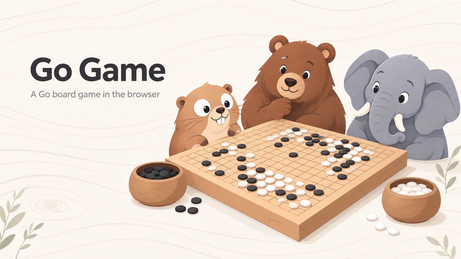 A cartoon beaver, bear and elephant watch a game of Go, a board with black and white stones.